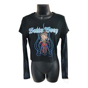 Betty boop biker betty black sheer tatoo‎ long sleeves t-shirt size medium new